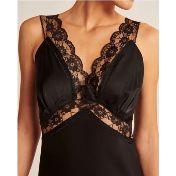SOLD Abercrombie and Fitch black silk Satin Slip lace trim maxi Dress size large - Picture 8 of 10